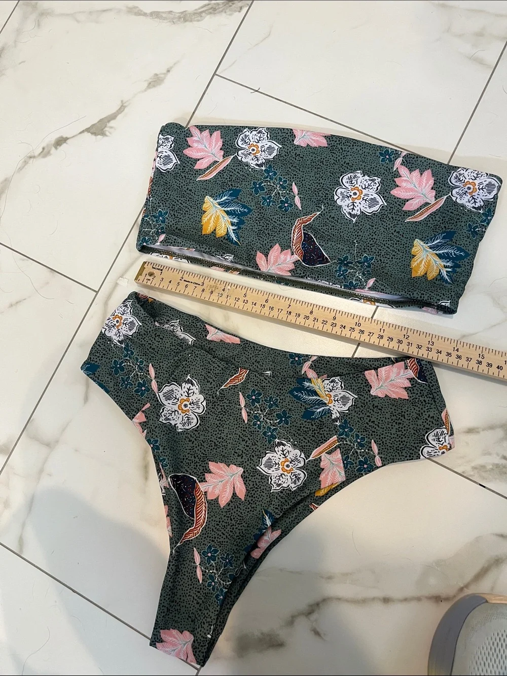Floral Bandeau Bikini Set - Green with Pink & Yellow Accents